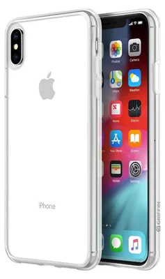 A clear product shot of an iPhone Xs Max in a transparent case, showing the phone's screen and back.