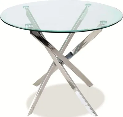 A round glass-top dining table with a chrome base, presented on a white background.