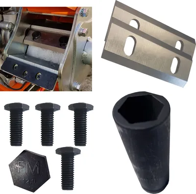 A collage of images showing parts of a shredder, replacement blades, bolts, and a socket wrench.