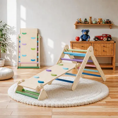 Image de COSYLAND, structure d'escalade intérieure, triangle d'escalade 3-en-1 avec toboggan, pliable