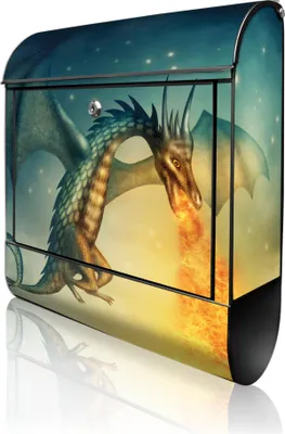 Produktbild von banjado Design Briefkasten Stahl schwarz mit Zeitungsfach pulverbeschichtet "Drachen" 38x46x12,5cm & 2 Schlüssel - Postkasten A4 Einwurf inkl. Montagematerial [BK 10527]