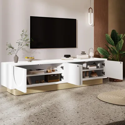 Produktbild von STILVORA Modernes TV-Lowboard mit 4 Ablagefächer,Beistellschrank mit Kabelmanagement&Kurvendesign,TV-schrank aus MDF für Wohnzimmer,Schlafzimmer oder Flur,Weiß