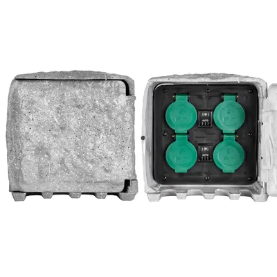 Produktbild von Grafner Gartensteckdose in Steinoptik mit Dämmerungssensor ON/AUTO, 4 Steckdosen, 3680W / 16A, 3 Meter Zuleitung mit Stecker, eckig, Energiesäule Mehrfachsteckdose Außen Outdoor Stein Optik