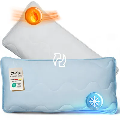 A pillow is shown with graphics indicating temperature regulation, with one side appearing warm and the other cool.