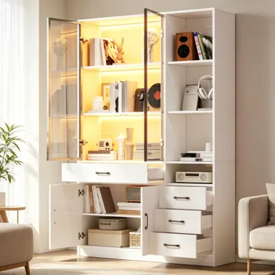 Obrázek produktu pro Vysoká skříň Merax s LED osvětlením a prosklenou vitrínou, stojací vitrína, obývací skříň s 13 přihrádkami a 4 zásuvkami, knihovna, úložná skříň, bílá