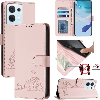 Produktbild von Leder Hülle für Oppo Reno8 Süße Katze Flip Case Brieftasche Schutzhülle mit Standfunktion Pink