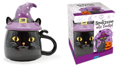 Halloween-Keramiktasse mit Deckel, Katzenmotiv, 350 ml