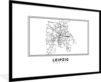 Produktbild von MuchoWow® Gerahmtes Poster Stadtplan - Deutschland - Schwarz und weiß - Leipzig - Karte 90x60 cm - Poster mit Schwarzem Bilderrahmen Wandposter Rahmen Foto Bilder - Wanddekoration - Fotos