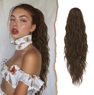 Image de Extensions Sofeiyan, queue de cheval, 65 cm, cheveux synthétiques, longs, bouclés, bruns