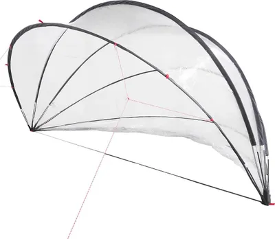 A transparent pool dome structure against a white background.