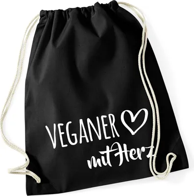 Produktbild von Huuraa Turnbeutel Veganer mit Herz 12 Liter Black Baumwolle Rucksack Geschenkidee