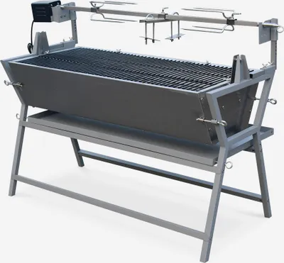 A motorized rotisserie grill on a stand, shown against a plain background.
