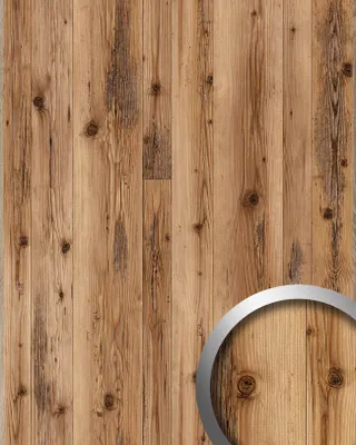 A close-up view of wooden wall paneling with a circular inset showing a magnified section of the wood grain.