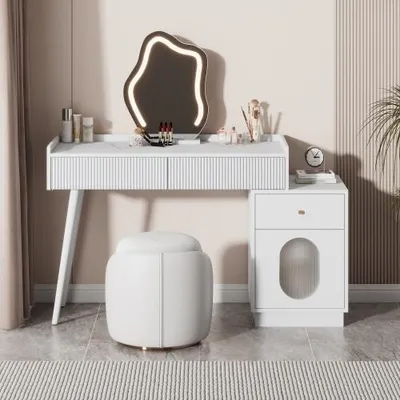 Immagine prodotto di Tavolino da toilette AIORBER, (senza sgabello), con specchio LED, con tre cassetti spaziosi e un'anta, per la camera da letto, 100x40x75cm, bianco