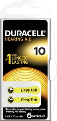 A package of Duracell hearing aid batteries.
