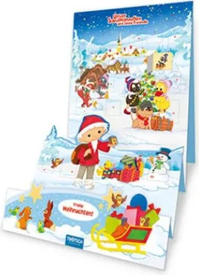 A pop-up advent calendar with a winter scene, featuring cartoon characters and Christmas-themed elements.