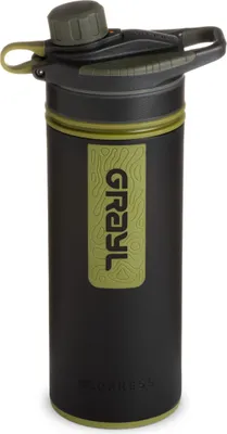 A black and olive green water purifier bottle.
