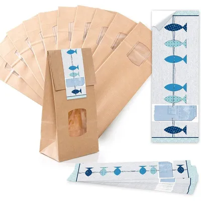 Produktbild von Verpackung 10 kleine braune Blockbodenbeutel Geschenk-Tüte MIT Fenster + Pergamineinlage 10,5 x 6,5 x 29 cm + 10 Aufkleber 5 x 15 cm Welt nur für Dich rosa pink HERZBlaue Fische / 10 Stück