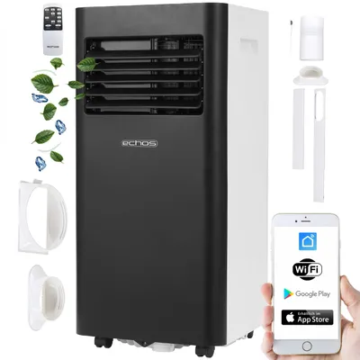 A mobile air conditioner with various accessories and a smartphone app interface shown.