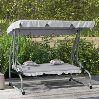 Produktbild von Hollywoodschaukel 2-in-1 mit Liegefunktion 3-Sitze, Stahl Hellgrau | 200x120x164cm | 340kg | Verstellbares Dach, Wasserabweisend, Seitentische, Garten