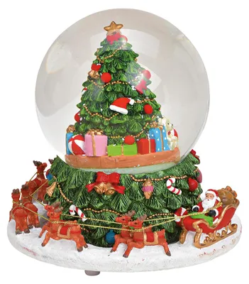 Productafbeelding van Speeldoos, sneeuwbol met muziek, bewegende boom, kerstman op slee van poly, gekleurd glas (B/H/D) 16x18x16cm
