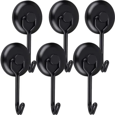 Produktbild von Magnethaken Extra Stark Neodym Magnet Haken 23KG für Grill Werkzeug Edelstahl Magnetischer Haken Magnete Mit Haken für Decke Magnettafel Büro klein 6 Stück Schwarz