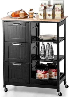 Immagine prodotto di Carrello da cucina con vassoio, in legno di gomma nero - 67x37x82,5 cm - Mobiletto da cucina con ruote e carrello di servizio