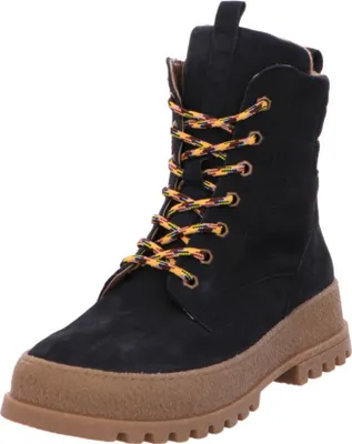 A single black boot with a brown sole and multi-colored laces is shown against a white background.