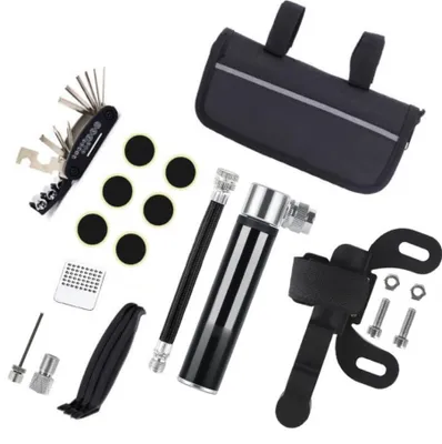 Image de Set d'outils pour vélo avec trousse à outils | Outil multifonctionnel avec kit de réparation, démonte-pneu, mini pompe à air + sacoche de vélo | Multitools 16-in-1 Set d'outils de réparation pour vélo | Rustine de vélo