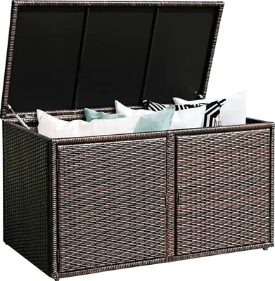 Produktbild von GOPLUS 335L Polyrattan Auflagenbox, Kissenbox Aufbewahrungsbox mit 2 Ablagen & Deckel, Gartenschrank für Garten, Balkon, Terrasse (Braun)