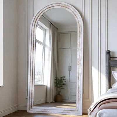 Produktbild von Bodenspiegel 180x80cm Massivholzrahmen Bauernhaus Rustikal Weiß mit Ständer