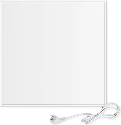 A white infrared heating panel with a white power cord and plug is shown against a white background.