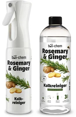 Produktbild von bio-chem Rosemary & Ginger Kalkreiniger Konzentrat | Badreiniger gegen Kalk & Wasserflecken für Bad, Dusche & Armaturen | Duftkomposition Rosemary & Ginger | Duftsprühflasche Flowra + 750 ml Refill