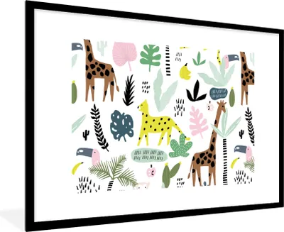 Produktbild von MuchoWow® MuchoWow® Gerahmtes Poster Dschungel - Muster - Tiere 90x60 cm - Poster mit zchwarzem Bilderrahmen - Wanddekoration - Fotos
