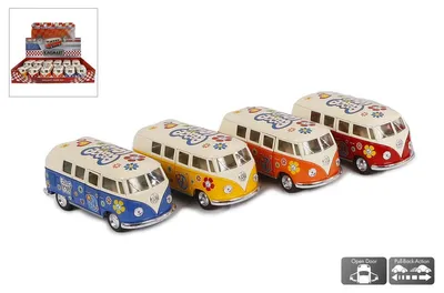 Produktbild von Die Cast VW Bus Classic T1 Flowerpower 1:32 Pull Back 4fach sortiert