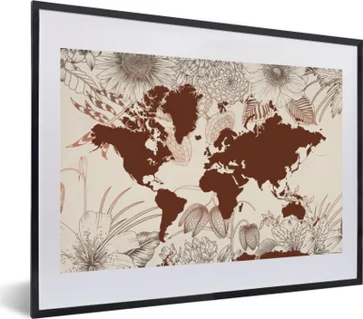 Produktbild von MuchoWow® MuchoWow® Gerahmtes Poster Weltkarte - Blumen - Rot 60x40 cm - Poster mit zchwarzem Bilderrahmen - Schlafzimmer - Plakat in Rahmen - Drucken
