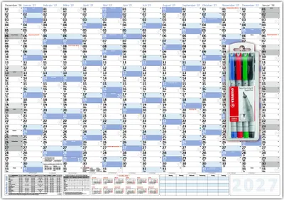 Produktbild von XXL Wandkalender DIN B1 2027 blau, nass abwischbar inkl. Stifteset Format 100 x 70cm Jahresplaner Wandplaner gerollt