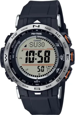 Produktbild von Casio Pro-trek Uhr Silber Resin Sportlich, 51.6x45.2x12.3mm (H x B x T), Barometer, Thermometer, Kompass, Höhenmesser, Solar, Funk, Wasserdicht 10 Bar, Kälteresistent -10°C, Stoppuhr, Timer, Alarme, Weltzeit, Super-Full-Auto LED-Licht, Höhenaddition