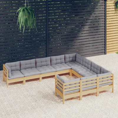 Produktbild von Möbel 10-tlg. Garten-Lounge-Set mit Grauen Kissen Kiefernholz - Gartenmöbelgarnituren 3096994