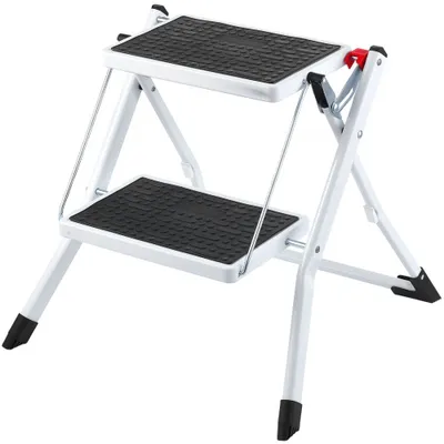 Produktbild von Haushaltsleiter 500x480x450mm - Faltbare Trittleiter aus Stahl - Stehleiter mit 2 Stufen - Tragfähigkeit 150kg - Klapptritt Doppelstufenleiter 445mm hoch - Rutschfeste Küchenleiter - Tritthocker