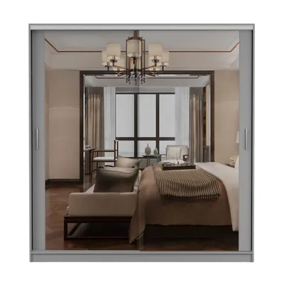 Produktbild von Schwebetürenschrank TOKYO M, Schlafzimmer Kleiderschrank Schrank 203 cm Grau/Grau mit Spiegel, alufarbene PVC-Griffe