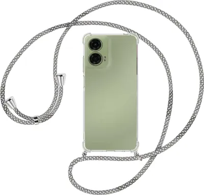Produktbild von Handykette Backcover-Schutzhülle mit Band (Metall silberfarben) für Motorola Moto G24 - weiß/grau kariert