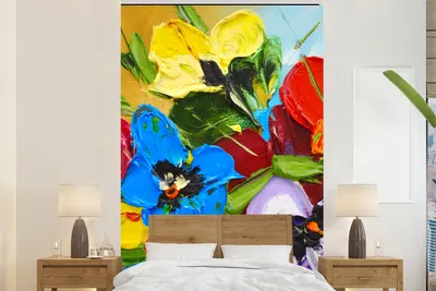 Produktbild von MuchoWow® Fototapete für Wohnzimmer oder Schlafzimmer Wandtapete Vinyl Motivtapete Ölfarbe - Malerei - Blumen - 160x240 cm - Vinyltapete