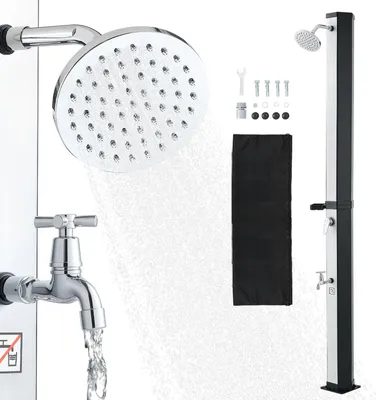 Obrázok produktu pre SucceBuy solárna sprcha 35 l, záhradná sprcha 2160 mm, vonkajšia sprcha s nožným kohútikom a mydlovničkou, nastaviteľná funkcia teplej a studenej vody, max. 60 °C, kempingová sprcha na záhradu, k bazénu, na pláž, čierna/strieborná