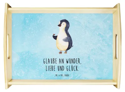 Produktbild von Mr. & Mrs. Panda Tablett Pinguin Marienkäfer - Eisblau - Geschenk, betttablett, aus holz, Servier, Liebe, Lebensfreude, Aufmerksam, Deko, Wunder, Kleine, Serviertablett