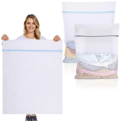 Immagine prodotto di Reti per il bucato, confezione da 2 pezzi, taglie XXL e XXXL, maglia grossa, adatte per lavatrice e asciugatrice, robuste, con cerniera