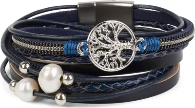 Produktbild von styleBREAKER Wickelarmband mit Perlen, Ketten, Flecht Element und Lebensbaum Anhänger, Magnetverschluss, Armband, Damen 05040070