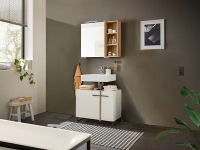 Produktbild von Badezimmer Badmöbel MESSINA Korpus Weiß matt, Absetzung Evoke Eiche, Spiegelschrank, Wbu, Set 4