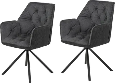 Produktbild von Hela INGE Drehstuhl mit Armlehnen, Esszimmerstuhl 2er-Set, Anthrazit, Breitcord und Samt, 180° Auto-Return, 120 kg belastbar, fest gepolstert mit Steppungen, B 58 x T 63 x H 88 cm