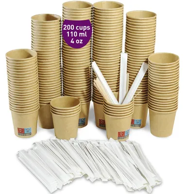 200 Wegwerpbekers Kraftkarton 110 ml mit Holzrührstäbchen